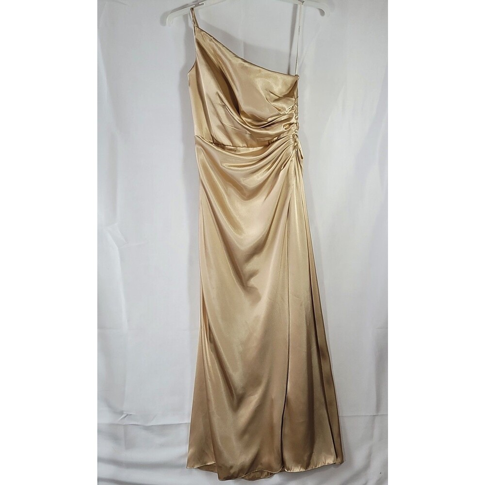 Galina Signature Gold Satin One Shoulder Bridesmaid Formal Evening Dress Size 10
